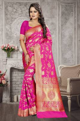 Pink Woven Kanchipuram Silk Saree With Blouse 1