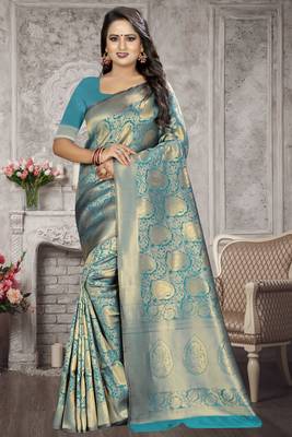 Turquoise Woven Kanchipuram Silk Saree With Blouse 1