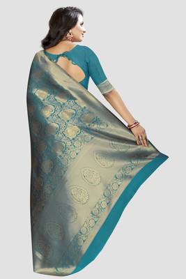 Turquoise Woven Kanchipuram Silk Saree With Blouse 2