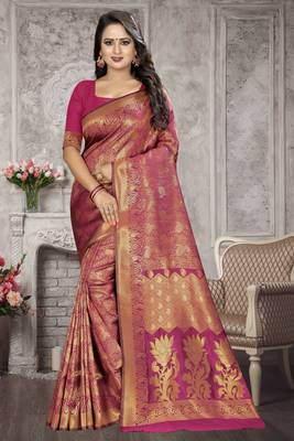 Pink Woven Kanchipuram Silk Saree With Blouse 1