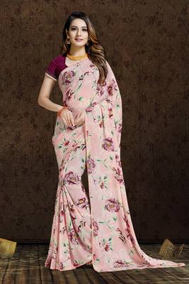 Pink printed georgette saree with blouse 1
