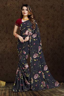 Black printed georgette saree with blouse 1