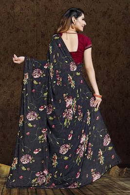 Black printed georgette saree with blouse 2