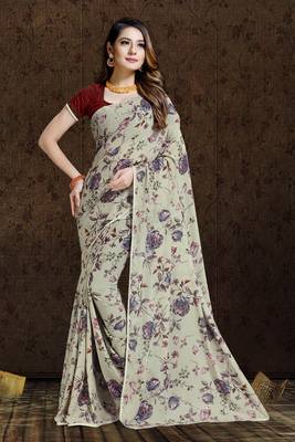 Grey printed georgette saree with blouse 1