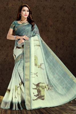 Green printed linen saree with blouse 1