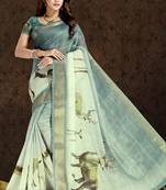 Green printed linen saree with blouse