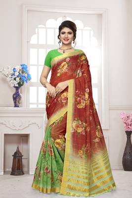 Red printed linen saree with blouse 1