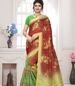 Red printed linen saree with blouse