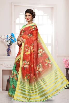 Red printed linen saree with blouse 2