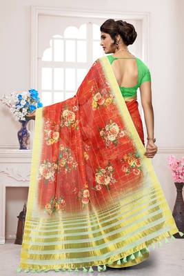 Red printed linen saree with blouse 3