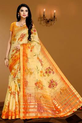 Orange printed linen saree with blouse 1