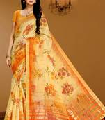 Orange printed linen saree with blouse