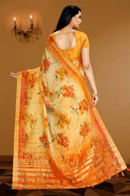 Orange printed linen saree with blouse 2