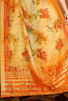 Orange printed linen saree with blouse 3