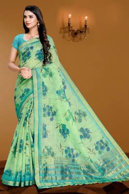 Green printed linen saree with blouse 1