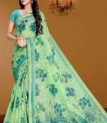 Green printed linen saree with blouse