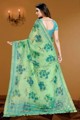 Green printed linen saree with blouse 2