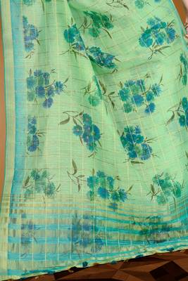 Green printed linen saree with blouse 3