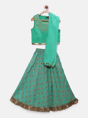 Green embroidered polyester girls-top-bottom 1
