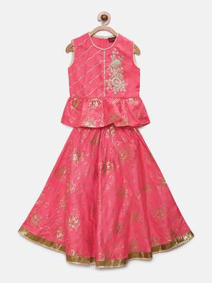 Pink embroidered art silk girls-top-bottom 1