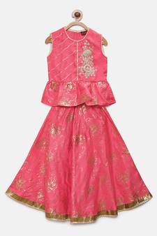 Pink embroidered art silk girls-top-bottom