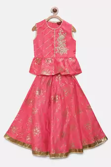 Pink embroidered art silk girls-top-bottom