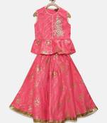 Pink embroidered art silk girls-top-bottom