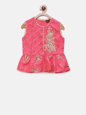 Pink embroidered art silk girls-top-bottom 2