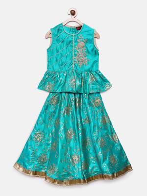 Blue embroidered art silk girls-top-bottom 1