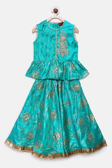 Blue embroidered art silk girls-top-bottom