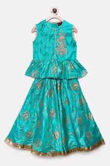Blue embroidered art silk girls-top-bottom