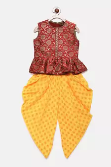 Red woven brocade girls-top-bottom