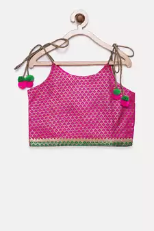 Pink woven brocade girls-top-bottom