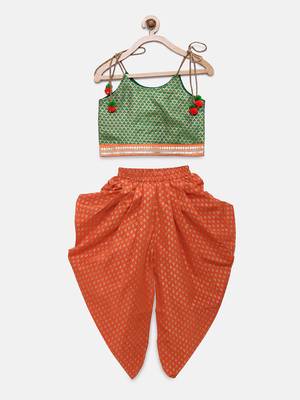 Green woven brocade girls-top-bottom 1
