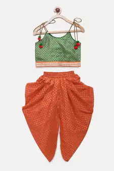 Green woven brocade girls-top-bottom