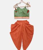 Green woven brocade girls-top-bottom