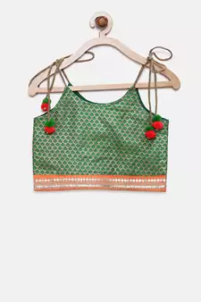 Green woven brocade girls-top-bottom