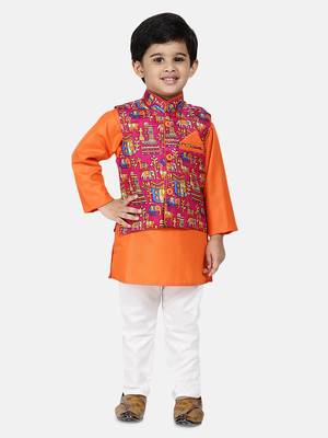 Orange Plain Blended Cotton Boys Kurta Pyjama 1
