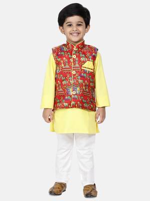 Yellow Plain Blended Cotton Boys Kurta Pyjama 1