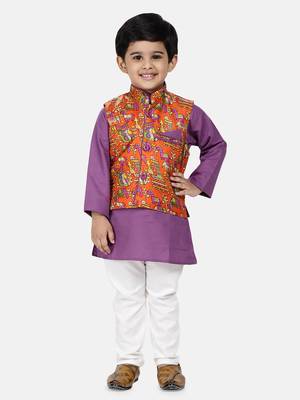 Purple Plain Blended Cotton Boys Kurta Pyjama 1