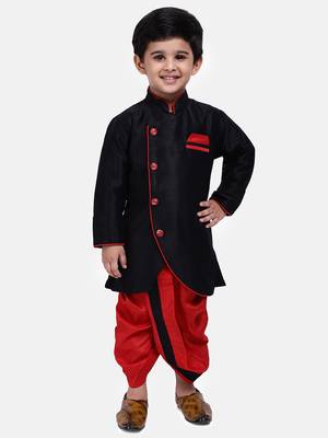 Black Plain Dupion Silk Boys Dhoti Kurta 1