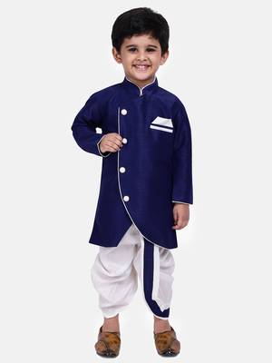 Blue Plain Dupion Silk Boys Dhoti Kurta 1