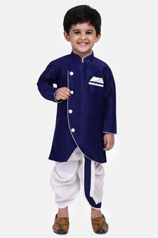 Blue Plain Dupion Silk Boys Dhoti Kurta