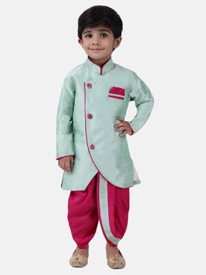 Green Plain Dupion Silk Boys Dhoti Kurta 1
