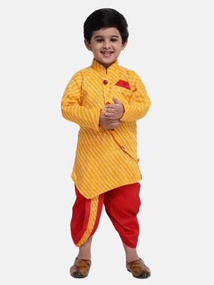 Yellow Plain Blended Cotton Boys Dhoti Kurta 1