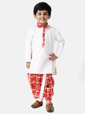 White Plain Blended Cotton Boys Dhoti Kurta 1