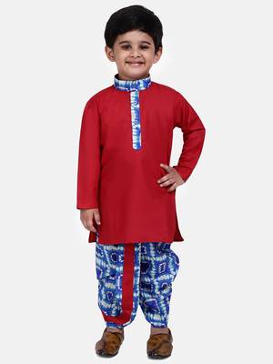Red Plain Blended Cotton Boys Dhoti Kurta 1