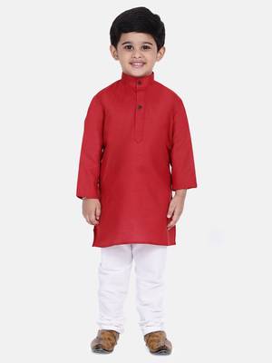 Red Plain Cotton Boys Kurta Pyjama 1