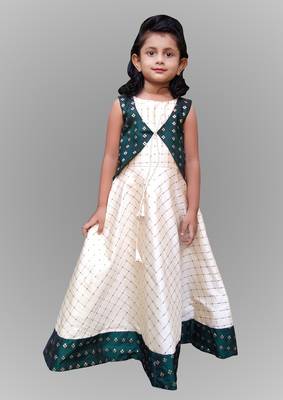 Girl Cream And Green Cotty Type Gown Dress 1