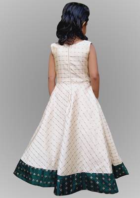 Girl Cream And Green Cotty Type Gown Dress 2